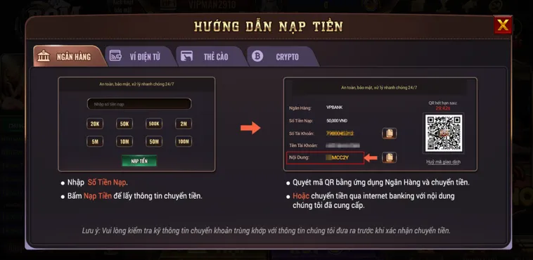 Nạp Tiền BomWin qua tài khoản ngân hàng Siêu Tốc an toàn bảo mật.